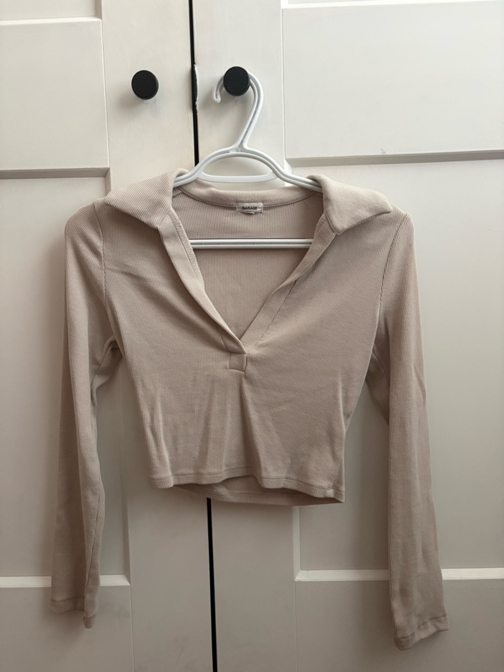 Garage Beige Ribbed V-Neck Cropped Long-Sleeve Top